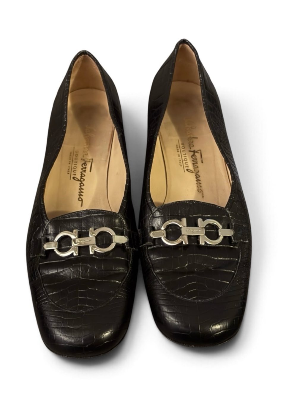 Salvatore Ferragamo Black Croc-Embossed Leather Loafers with Silver Gancini